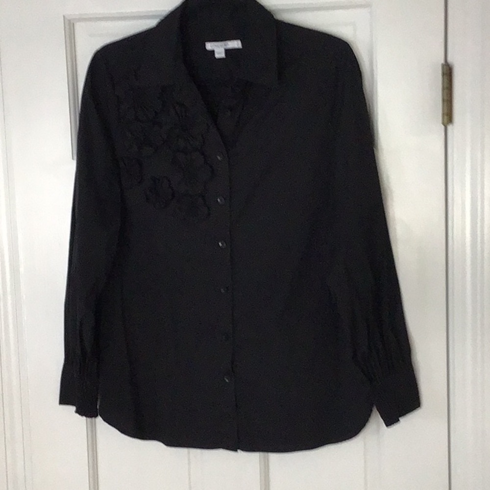 Women's Black Button-Front Blouse with Floral Appliqué